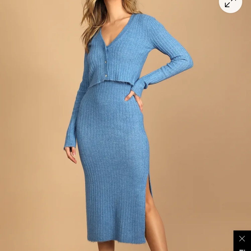 Lulu's Blue Ribbed Dress with Matching Cardigan